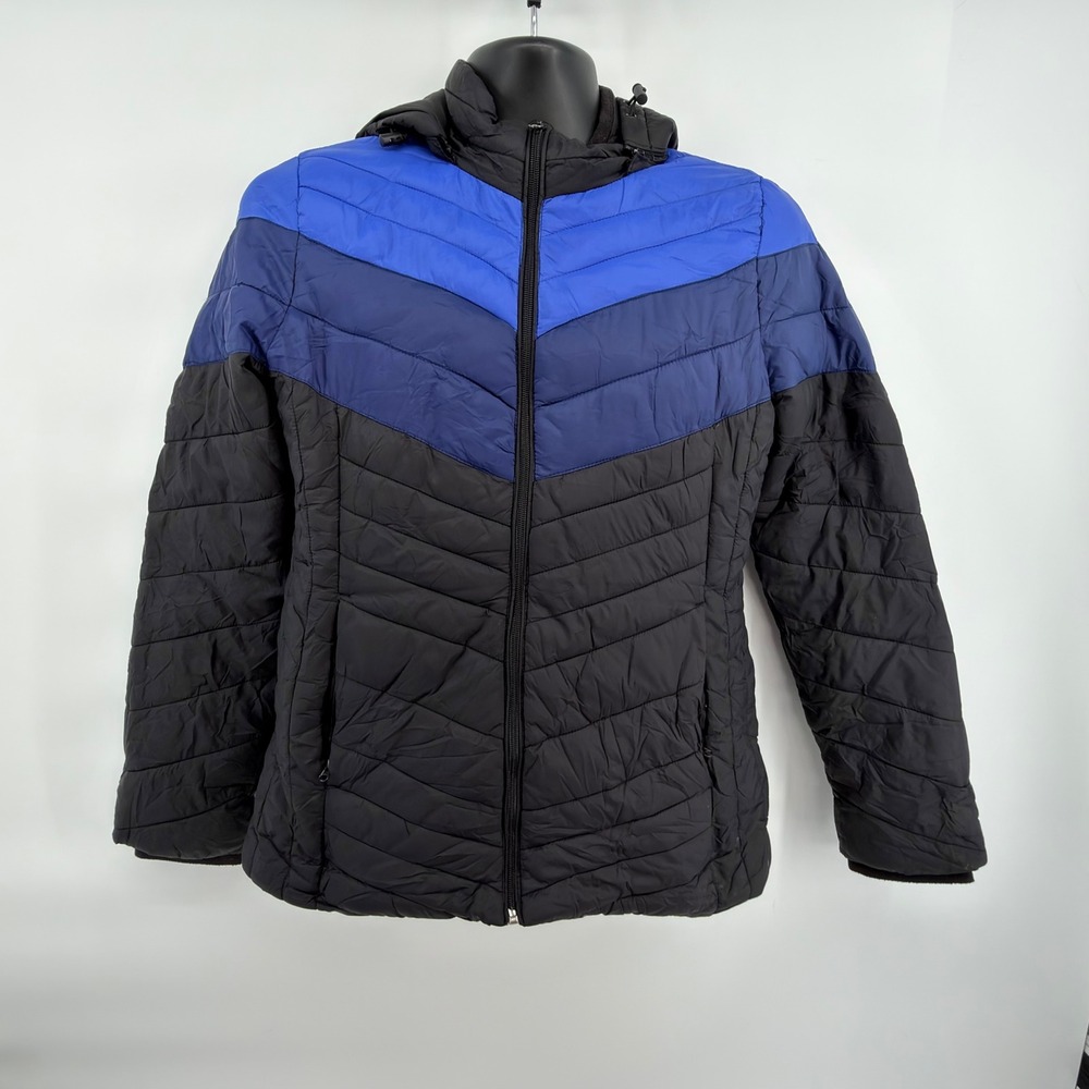 Xersion Womens Puffer Jacket Med Black Blue Colorblock Hooded Lightweight Coat